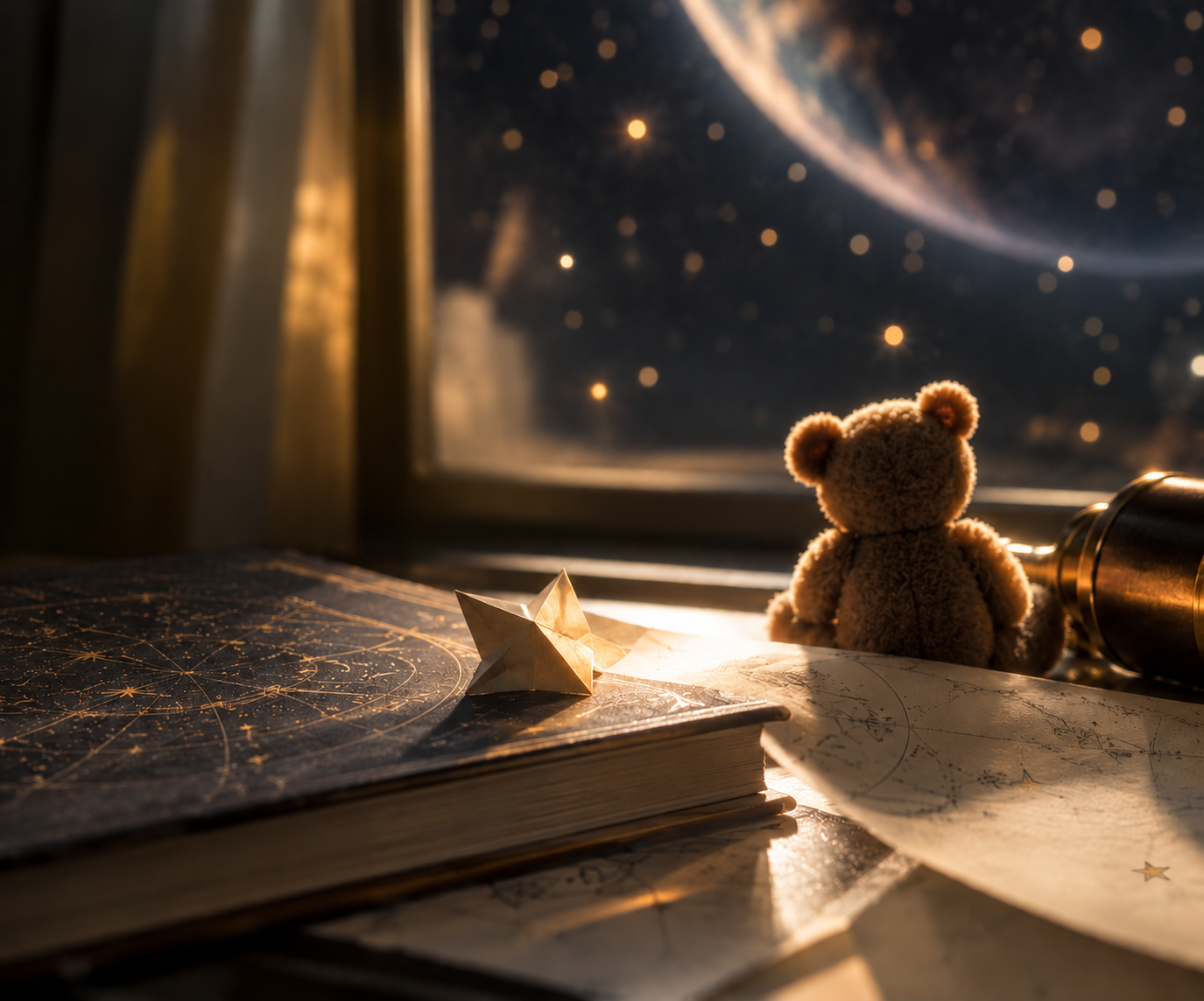 Ein Teddybär blickt durch ein Fenster in den Sternenhimmel, daneben ein Papierstern auf einer Sternenkarte