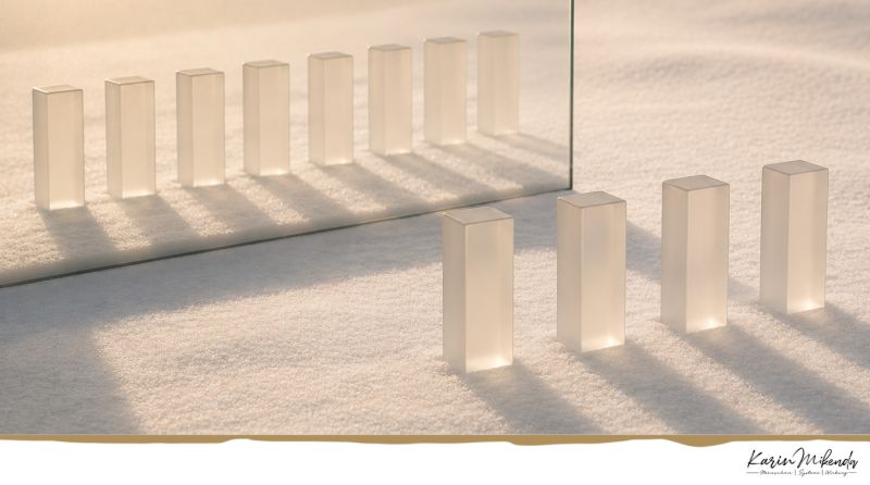 Gläserne Quader im Sand, gespiegelt und von warmem Licht durchzogen