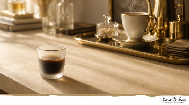 Espressotasse und Kaffeeglas auf einem von Sonne beleuchteten Tisch