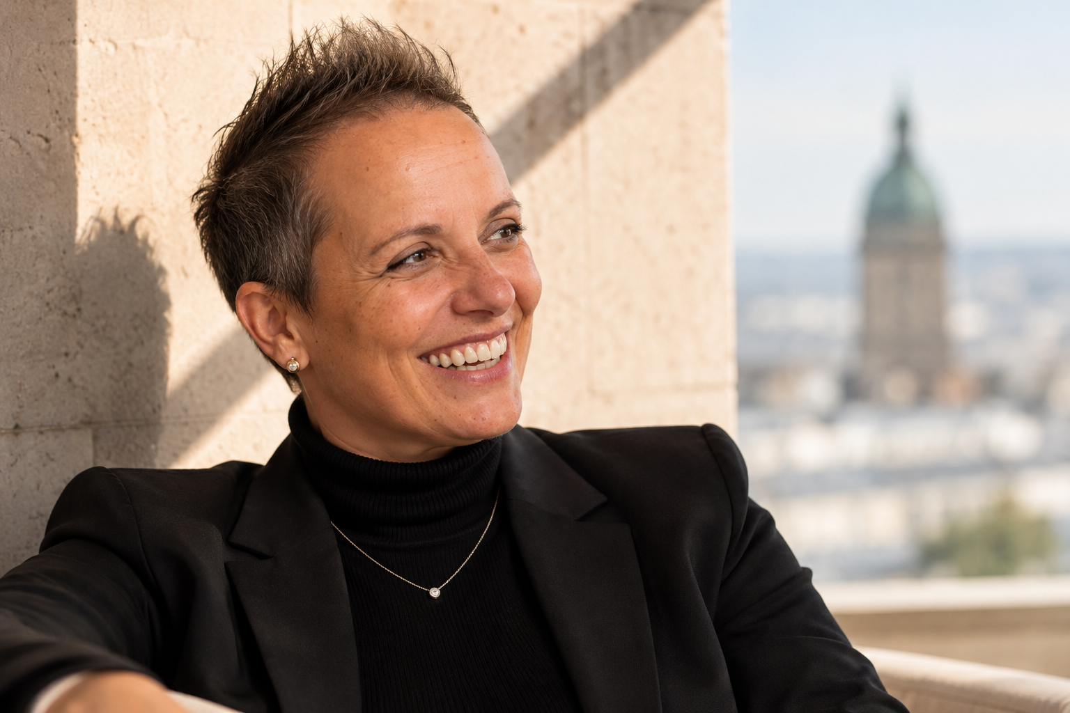 Karin Mikenda lächelnd im warmen Sonnenlicht, im Hintergrund Wien