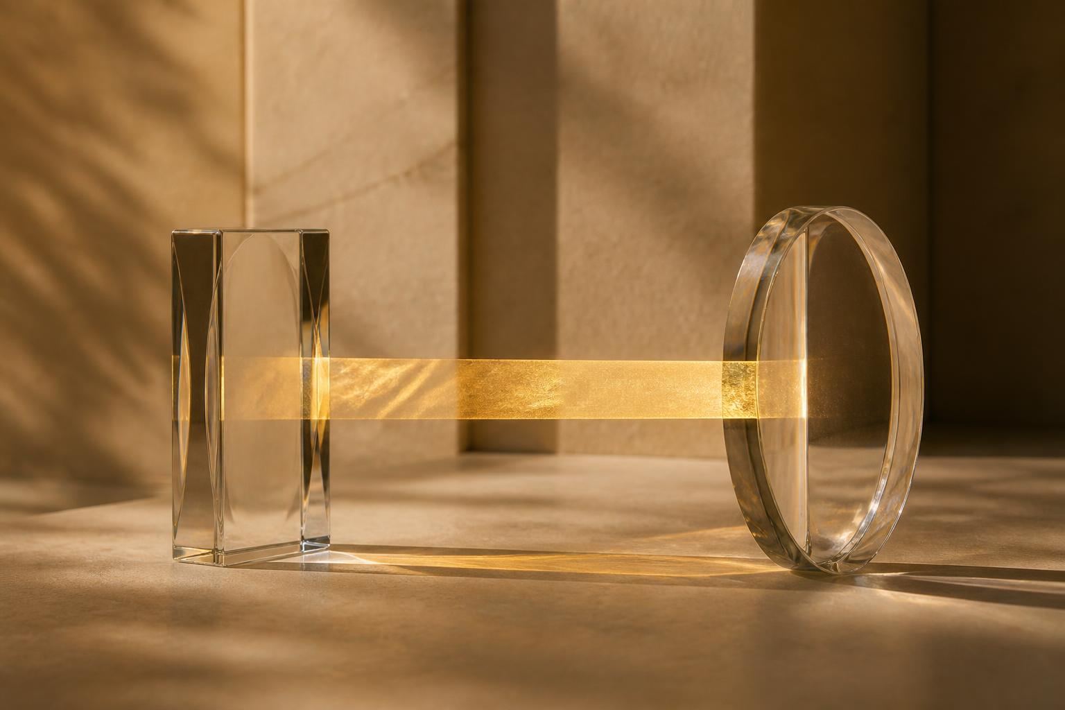 Zwei gläserne Formen, verbunden durch einen goldenen Lichtstrahl